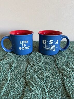 Life Is Good USA 🇺🇸 Flag Mugs Red Blue & White 1776 NEW!